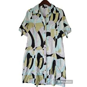 BCBGMAXAZRIA Short Sleeve Satin Collar Button Front Geometric Print‎ Shirt Dress